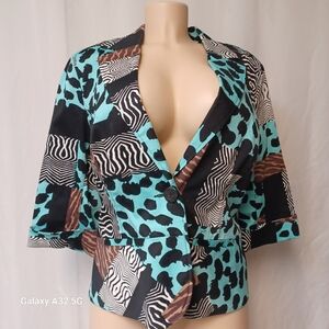 Erin London Black and Blue Blazer  Animal Print with Open Front Size L